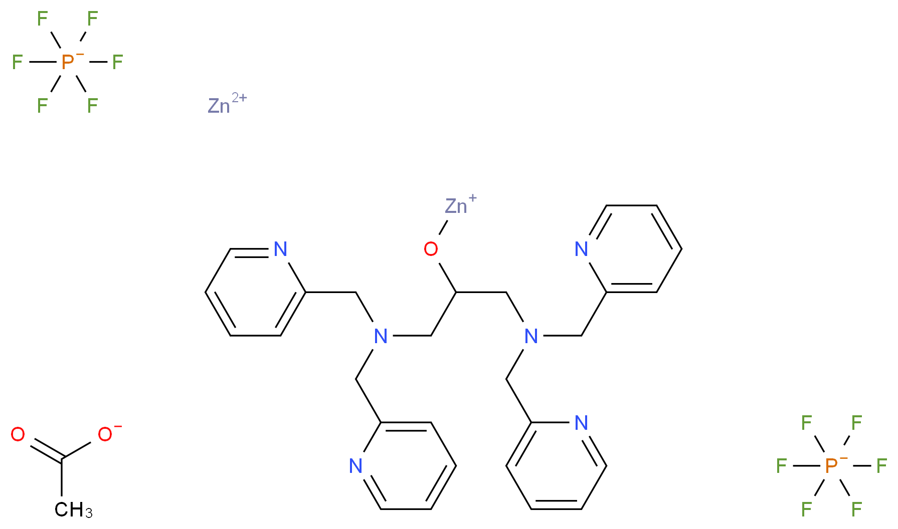 zinc(2+) ion ({1,3-bis[bis(pyridin-2-ylmethyl)amino]propan-2-yl}oxy)zincylium bis(hexafluoro-λ<sup>5</sup>-phosphanuide) acetate_分子结构_CAS_439278-37-2