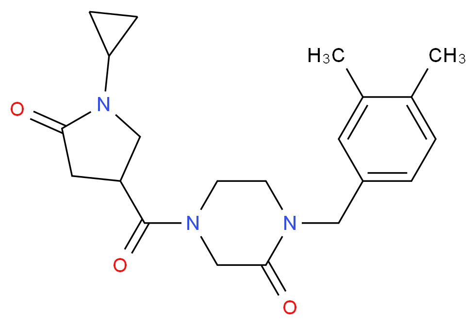 4-[(1-cyclopropyl-5-oxo-3-pyrrolidinyl)carbonyl]-1-(3,4-dimethylbenzyl)-2-piperazinone_分子结构_CAS_)