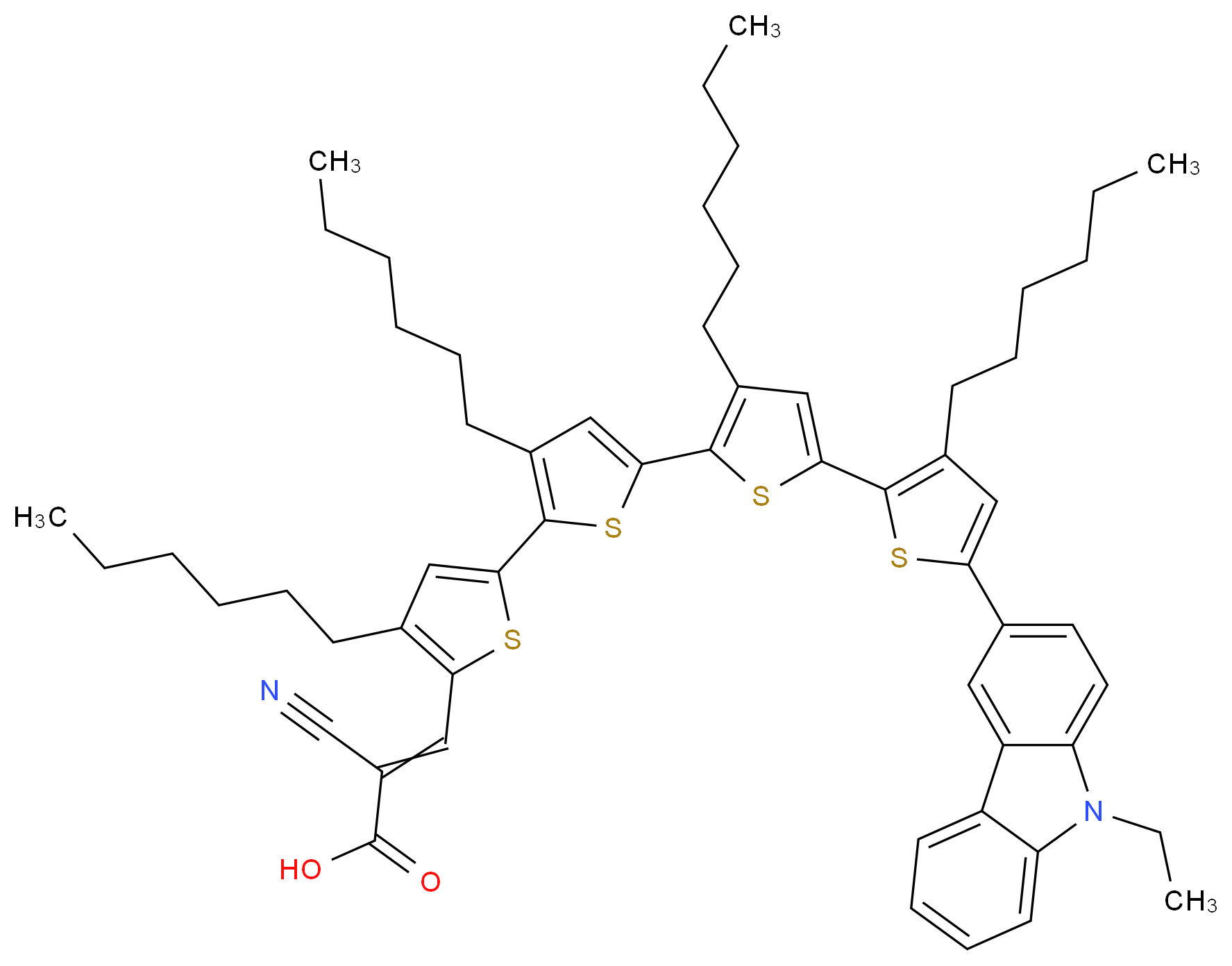 2-cyano-3-[5-(5-{5-[5-(9-ethyl-9H-carbazol-3-yl)-3-hexylthiophen-2-yl]-3-hexylthiophen-2-yl}-3-hexylthiophen-2-yl)-3-hexylthiophen-2-yl]prop-2-enoic acid_分子结构_CAS_1037440-21-3