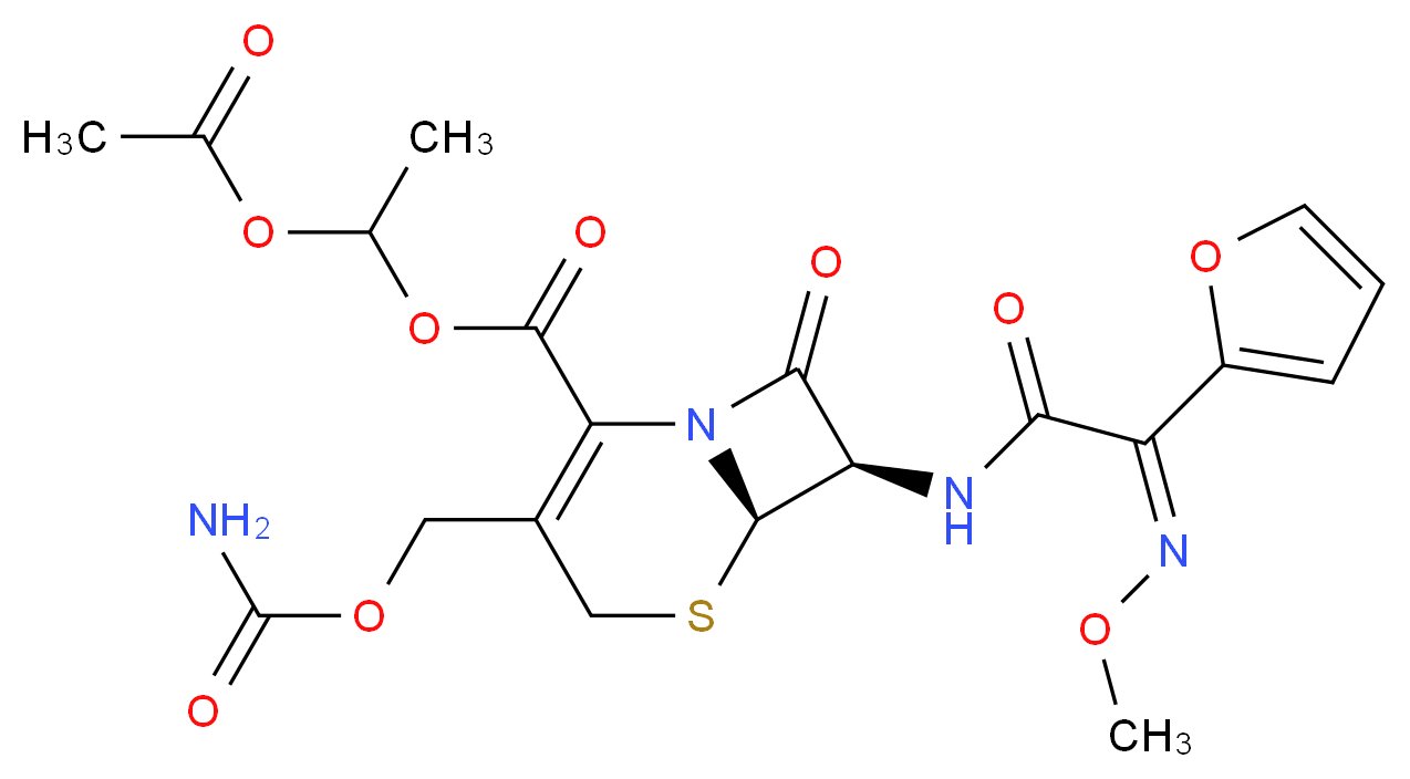 1-[(6R,7R)-3-[(carbamoyloxy)methyl]-7-[(2Z)-2-(furan-2-yl)-2-(methoxyimino)acetamido]-8-oxo-5-thia-1-azabicyclo[4.2.0]oct-2-ene-2-carbonyloxy]ethyl acetate_分子结构_CAS_64544-07-6