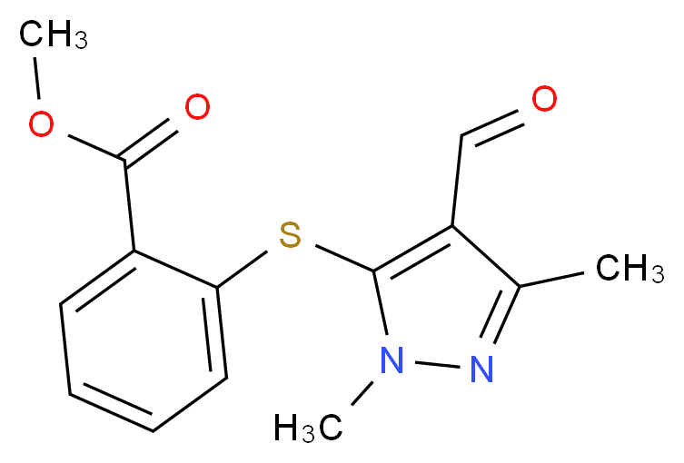 Methyl 2-[(4-formyl-1,3-dimethyl-1H-pyrazol-5-yl)-sulfanyl]benzenecarboxylate_分子结构_CAS_)