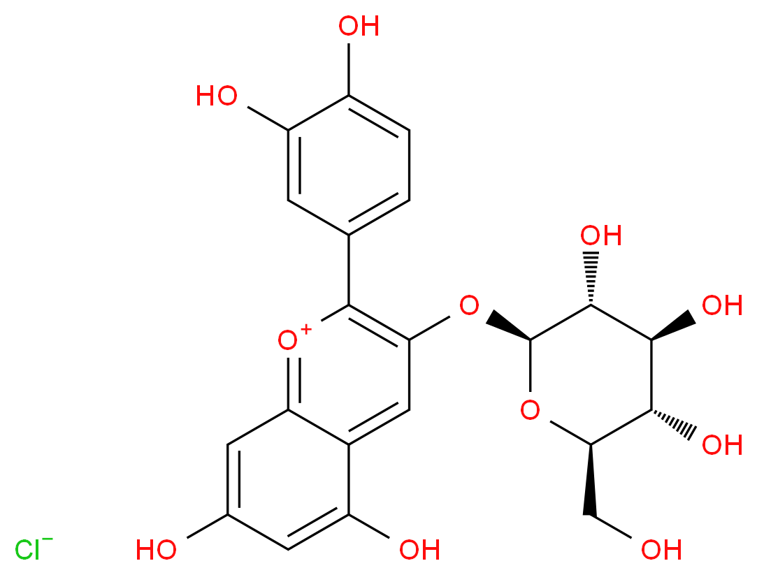 2-(3,4-dihydroxyphenyl)-5,7-dihydroxy-3-{[(2S,3R,4S,5S,6R)-3,4,5-trihydroxy-6-(hydroxymethyl)oxan-2-yl]oxy}-1λ<sup>4</sup>-chromen-1-ylium chloride_分子结构_CAS_7084-24-4