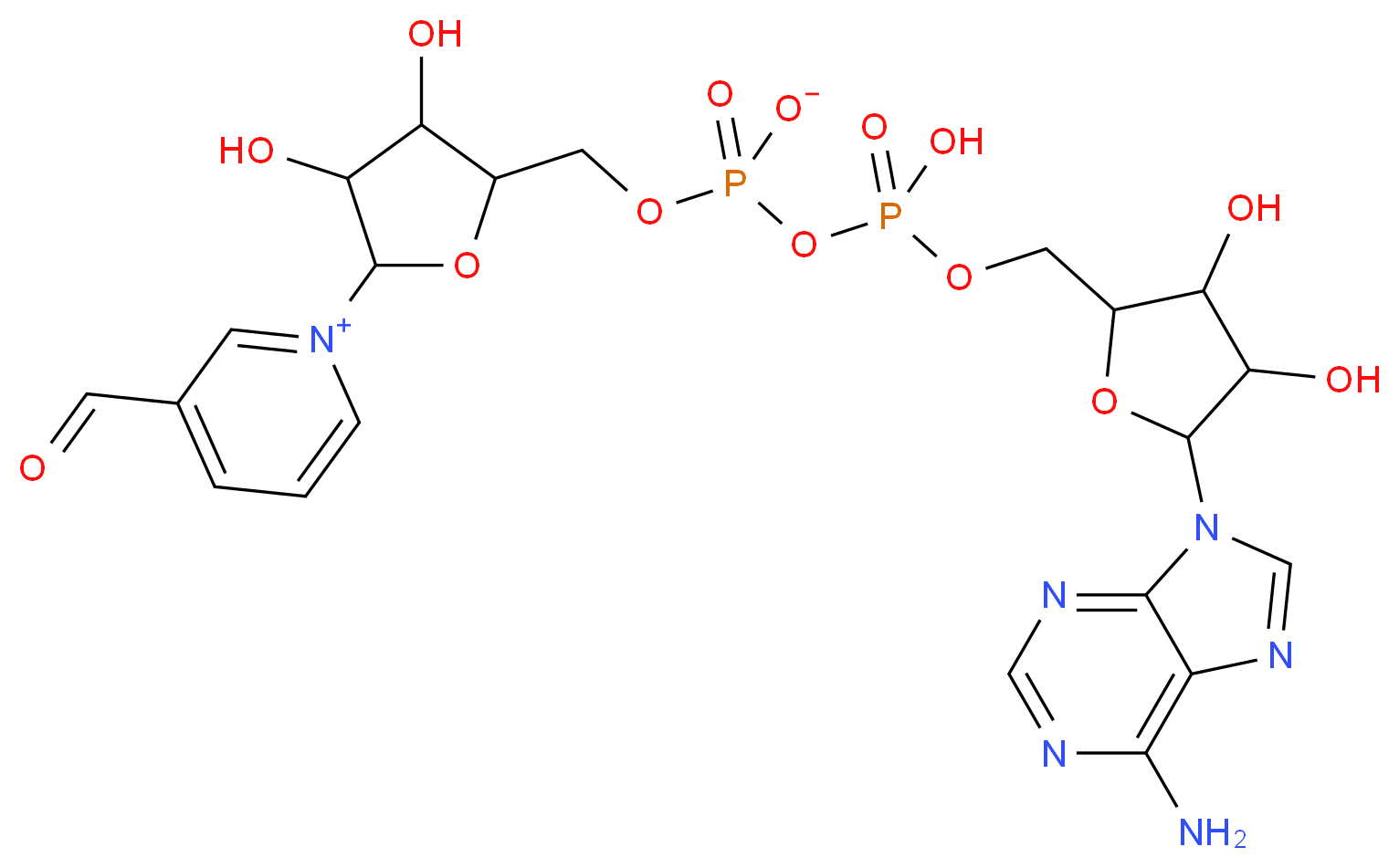 1-(5-{[({[5-(6-amino-9H-purin-9-yl)-3,4-dihydroxyoxolan-2-yl]methoxy}(hydroxy)phosphoryl phosphonato)oxy]methyl}-3,4-dihydroxyoxolan-2-yl)-3-formyl-1λ<sup>5</sup>-pyridin-1-ylium_分子结构_CAS_86-07-7