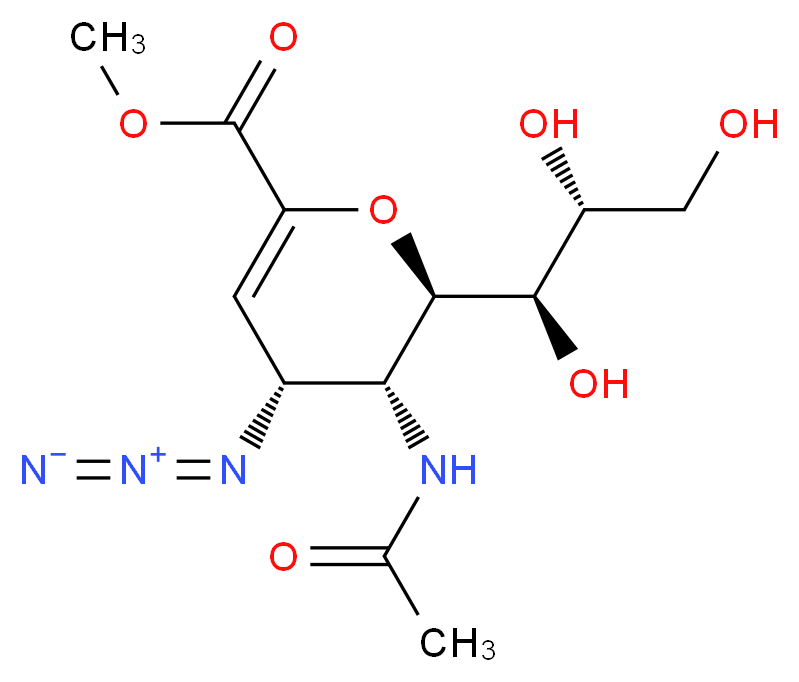 methyl (2R,3R,4R)-4-azido-3-acetamido-2-[(1R,2R)-1,2,3-trihydroxypropyl]-3,4-dihydro-2H-pyran-6-carboxylate_分子结构_CAS_152178-79-5