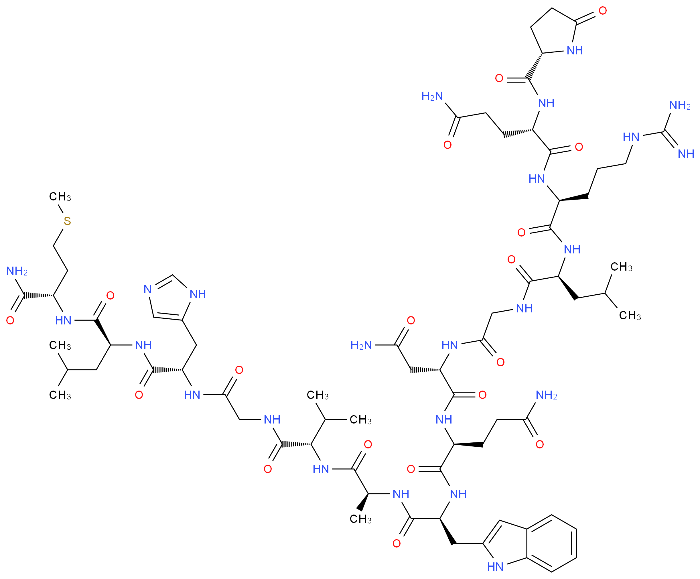 (2S)-2-[(2S)-2-{2-[(2S)-2-[(2S)-5-carbamimidamido-2-[(2S)-4-carbamoyl-2-{[(2S)-5-oxopyrrolidin-2-yl]formamido}butanamido]pentanamido]-4-methylpentanamido]acetamido}-3-carbamoylpropanamido]-N-[(1S)-1-{[(1S)-1-{[(1S)-1-[({[(1S)-1-{[(1S)-1-{[(1S)-1-carbamoyl-3-(methylsulfanyl)propyl]carbamoyl}-3-methylbutyl]carbamoyl}-2-(1H-imidazol-5-yl)ethyl]carbamoyl}methyl)carbamoyl]-2-methylpropyl]carbamoyl}ethyl]carbamoyl}-2-(1H-indol-2-yl)ethyl]pentanediamide_分子结构_CAS_31362-50-2