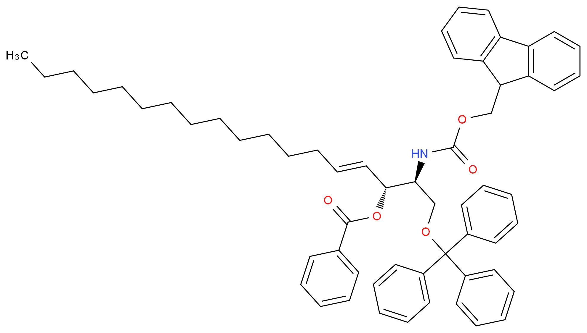 (2S,3R,4E)-2-{[(9H-fluoren-9-ylmethoxy)carbonyl]amino}-1-(triphenylmethoxy)octadec-4-en-3-yl benzoate_分子结构_CAS_676485-57-7