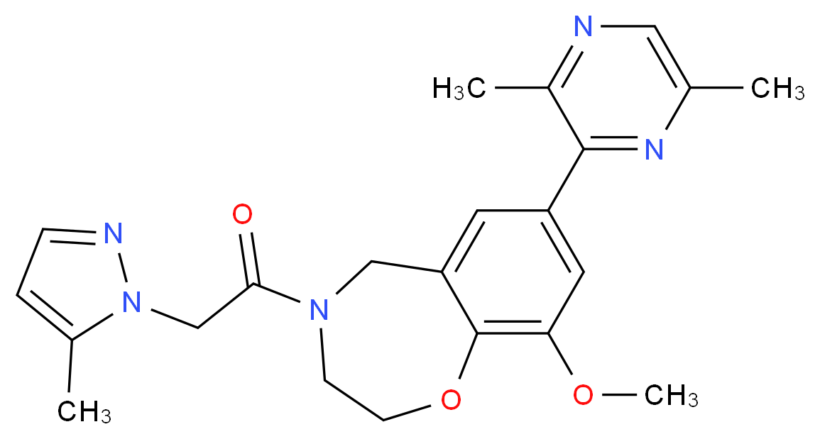 7-(3,6-dimethyl-2-pyrazinyl)-9-methoxy-4-[(5-methyl-1H-pyrazol-1-yl)acetyl]-2,3,4,5-tetrahydro-1,4-benzoxazepine_分子结构_CAS_)