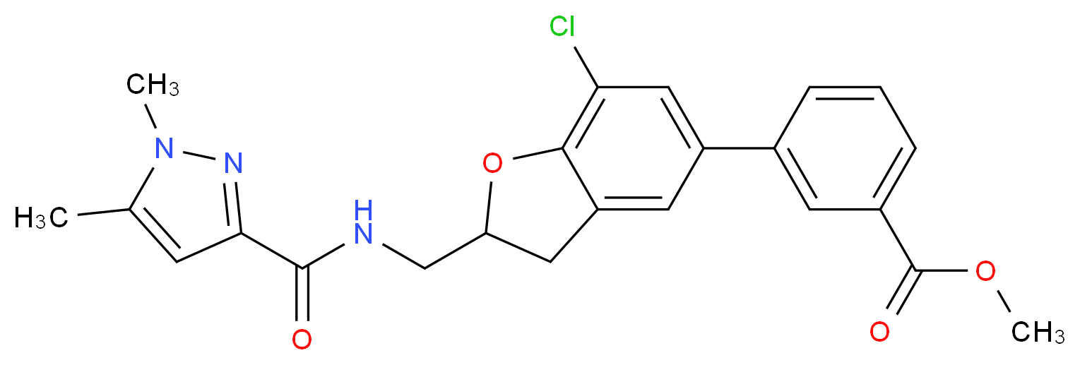 methyl 3-[7-chloro-2-({[(1,5-dimethyl-1H-pyrazol-3-yl)carbonyl]amino}methyl)-2,3-dihydro-1-benzofuran-5-yl]benzoate_分子结构_CAS_)