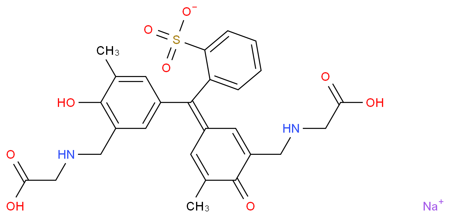 sodium 2-[(3-{[(carboxymethyl)amino]methyl}-4-hydroxy-5-methylphenyl)(3-{[(carboxymethyl)amino]methyl}-5-methyl-4-oxocyclohexa-2,5-dien-1-ylidene)methyl]benzene-1-sulfonate_分子结构_CAS_77031-64-2