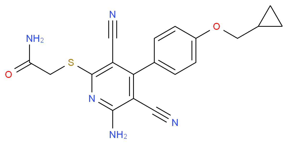 2-({6-amino-3,5-dicyano-4-[4-(cyclopropylmethoxy)phenyl]pyridin-2-yl}sulfanyl)acetamide_分子结构_CAS_910487-58-0
