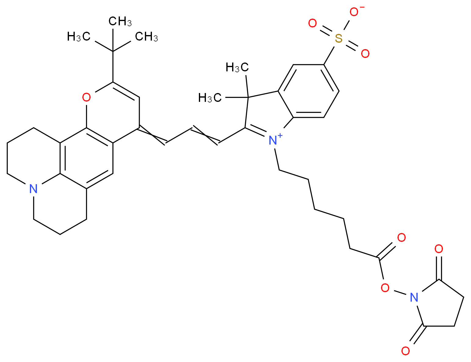 2-(3-{4-tert-butyl-3-oxa-13-azatetracyclo[7.7.1.0<sup>2</sup>,<sup>7</sup>.0<sup>1</sup><sup>3</sup>,<sup>1</sup><sup>7</sup>]heptadeca-1(17),2(7),4,8-tetraen-6-ylidene}prop-1-en-1-yl)-1-{6-[(2,5-dioxopyrrolidin-1-yl)oxy]-6-oxohexyl}-3,3-dimethyl-3H-indol-1-ium-5-sulfonate_分子结构_CAS_350496-77-4