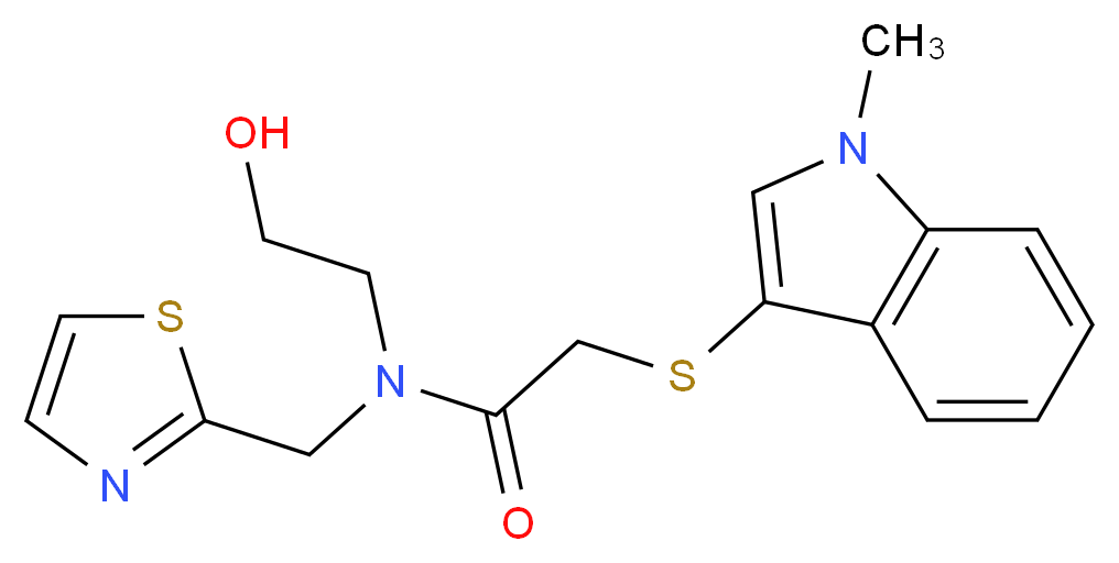 N-(2-hydroxyethyl)-2-[(1-methyl-1H-indol-3-yl)thio]-N-(1,3-thiazol-2-ylmethyl)acetamide_分子结构_CAS_)