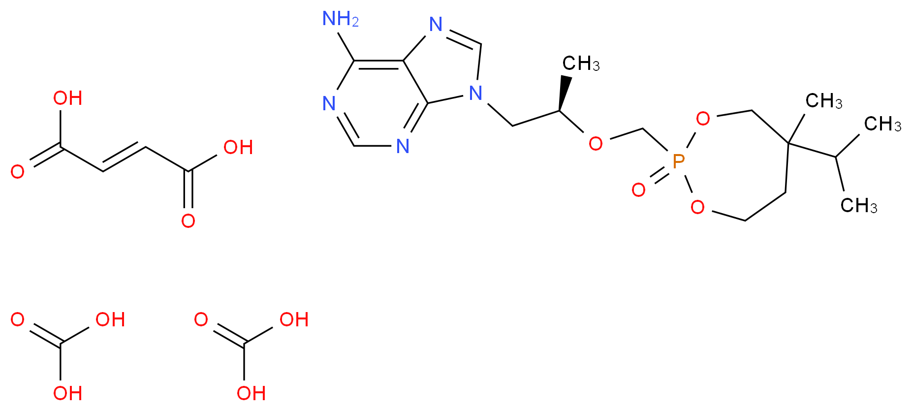 (2E)-but-2-enedioic acid; 2-({[(2R)-1-(6-amino-9H-purin-9-yl)propan-2-yl]oxy}methyl)-5-methyl-5-(propan-2-yl)-1,3,2$l^{5}-dioxaphosphepan-2-one; bis(carbonic acid)_分子结构_CAS_202138-50-9