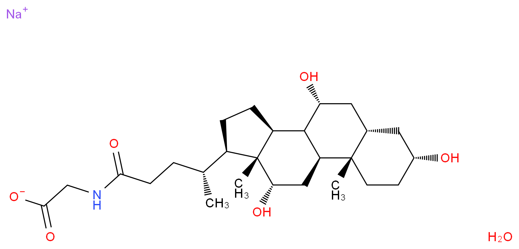 sodium 2-[(4R)-4-[(1S,2S,5R,7S,9R,10R,11S,14R,15R,16S)-5,9,16-trihydroxy-2,15-dimethyltetracyclo[8.7.0.0<sup>2</sup>,<sup>7</sup>.0<sup>1</sup><sup>1</sup>,<sup>1</sup><sup>5</sup>]heptadecan-14-yl]pentanamido]acetate hydrate_分子结构_CAS_338950-81-5