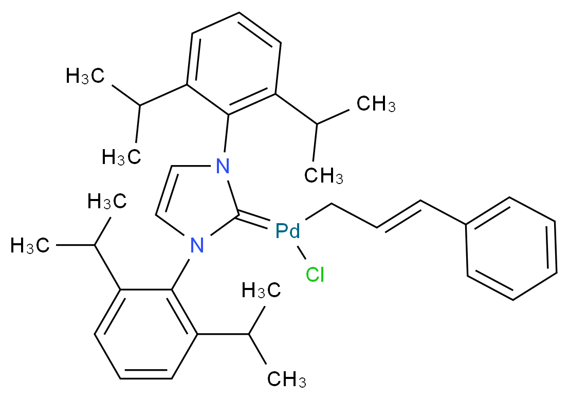 {1,3-bis[2,6-bis(propan-2-yl)phenyl]-2,3-dihydro-1H-imidazol-2-ylidene}(chloro)[(2E)-3-phenylprop-2-en-1-yl]palladium_分子结构_CAS_884879-23-6