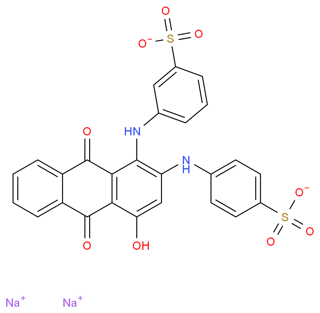 disodium 4-({4-hydroxy-9,10-dioxo-1-[(3-sulfonatophenyl)amino]-9,10-dihydroanthracen-2-yl}amino)benzene-1-sulfonate_分子结构_CAS_1324-21-6