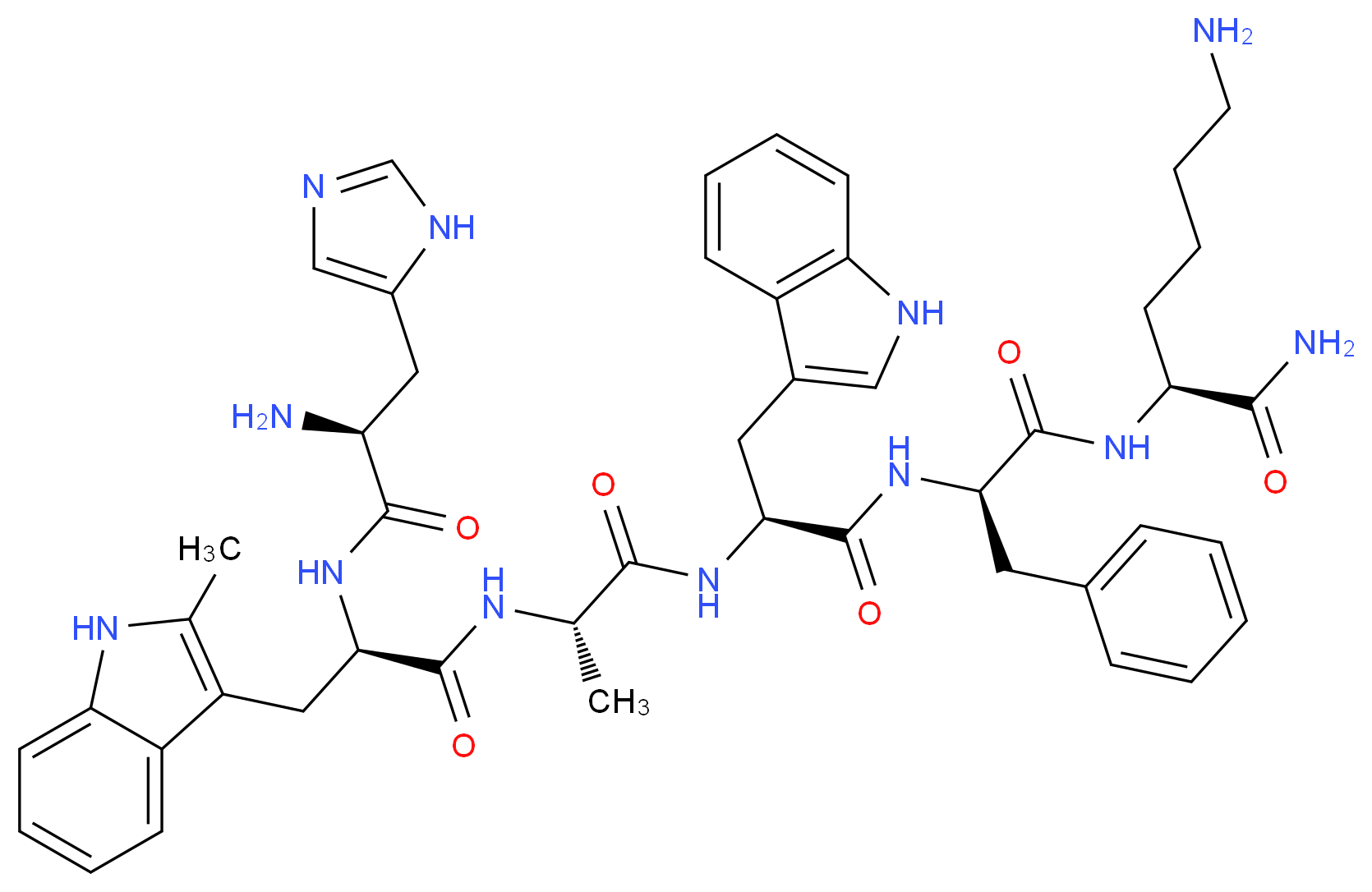 (2S)-6-amino-2-[(2R)-2-[(2S)-2-[(2S)-2-[(2R)-2-[(2S)-2-amino-3-(1H-imidazol-5-yl)propanamido]-3-(2-methyl-1H-indol-3-yl)propanamido]propanamido]-3-(1H-indol-3-yl)propanamido]-3-phenylpropanamido]hexanamide_分子结构_CAS_140703-51-1