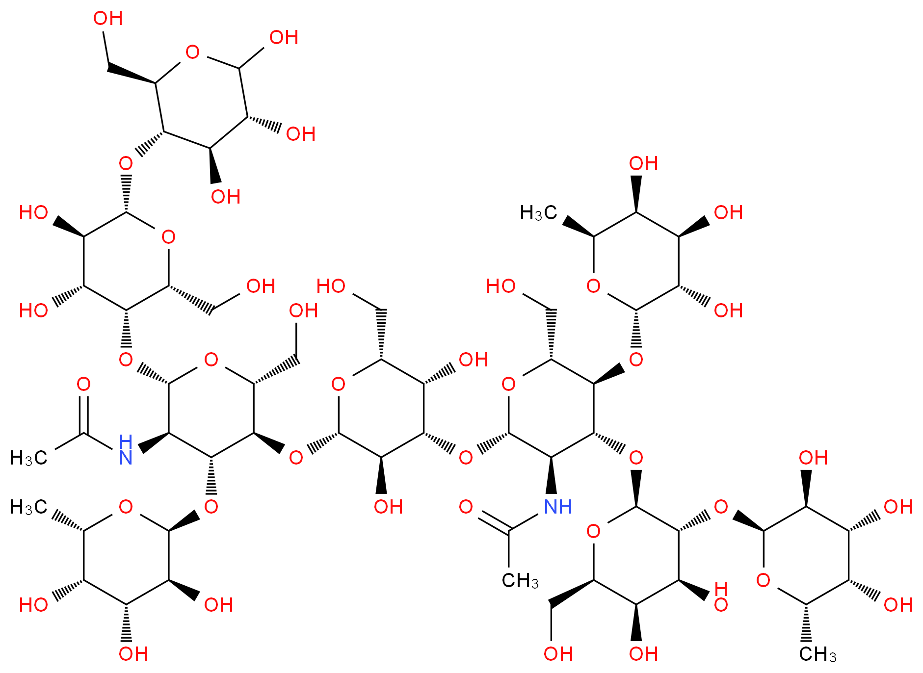 N-[(2S,3R,4R,5S,6R)-2-{[(2S,3R,4S,5S,6R)-2-{[(2R,3S,4R,5R,6S)-6-{[(2R,3R,4R,5R,6S)-4,5-dihydroxy-2-(hydroxymethyl)-6-{[(2R,3S,4R,5R)-4,5,6-trihydroxy-2-(hydroxymethyl)oxan-3-yl]oxy}oxan-3-yl]oxy}-5-acetamido-2-(hydroxymethyl)-4-{[(2S,3S,4R,5S,6S)-3,4,5-trihydroxy-6-methyloxan-2-yl]oxy}oxan-3-yl]oxy}-3,5-dihydroxy-6-(hydroxymethyl)oxan-4-yl]oxy}-4-{[(2R,3R,4S,5R,6R)-4,5-dihydroxy-6-(hydroxymethyl)-3-{[(2S,3S,4R,5S,6S)-3,4,5-trihydroxy-6-methyloxan-2-yl]oxy}oxan-2-yl]oxy}-6-(hydroxymethyl)-5-{[(2S,3S,4R,5S,6S)-3,4,5-trihydroxy-6-methyloxan-2-yl]oxy}oxan-3-yl]acetamide_分子结构_CAS_120864-60-0