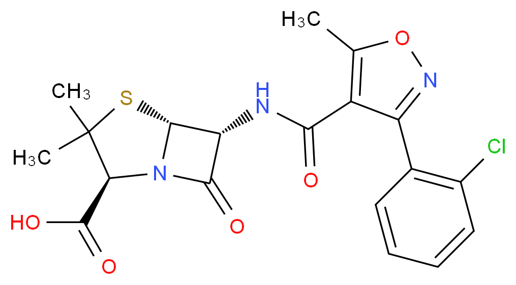 (2S,5R,6R)-6-[3-(2-chlorophenyl)-5-methyl-1,2-oxazole-4-amido]-3,3-dimethyl-7-oxo-4-thia-1-azabicyclo[3.2.0]heptane-2-carboxylic acid_分子结构_CAS_61-72-3
