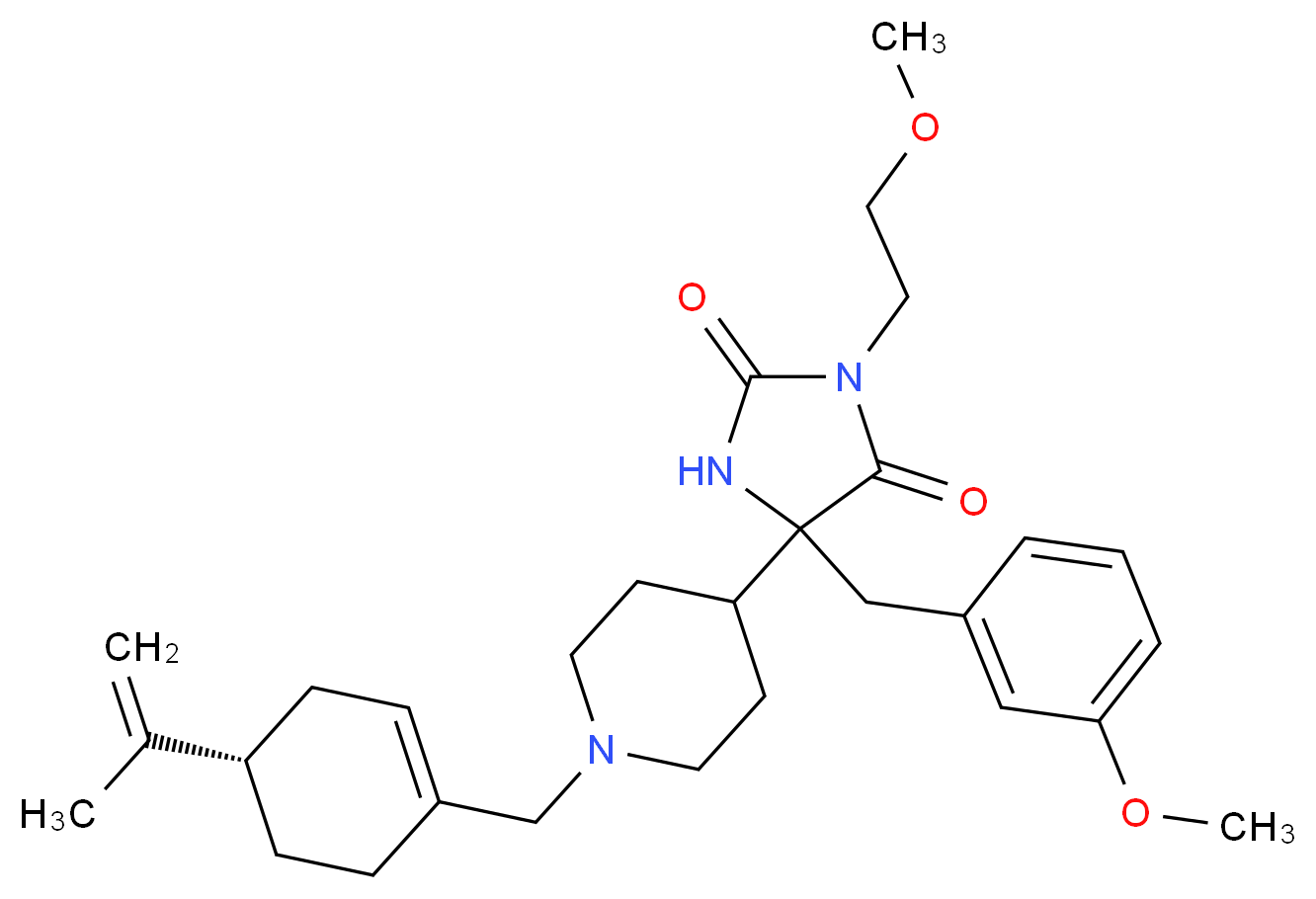 5-(1-{[(4S)-4-isopropenyl-1-cyclohexen-1-yl]methyl}-4-piperidinyl)-5-(3-methoxybenzyl)-3-(2-methoxyethyl)-2,4-imidazolidinedione_分子结构_CAS_)