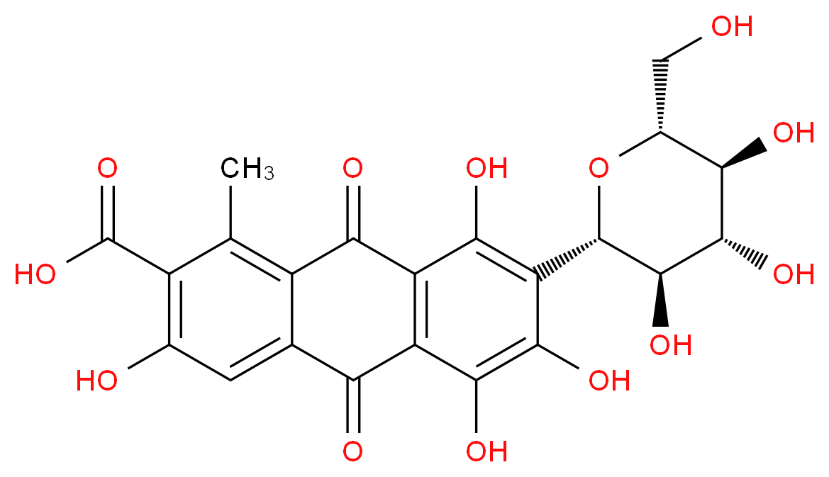 3,5,6,8-tetrahydroxy-1-methyl-9,10-dioxo-7-[(2S,3R,4R,5S,6R)-3,4,5-trihydroxy-6-(hydroxymethyl)oxan-2-yl]-9,10-dihydroanthracene-2-carboxylic acid_分子结构_CAS_1260-17-9