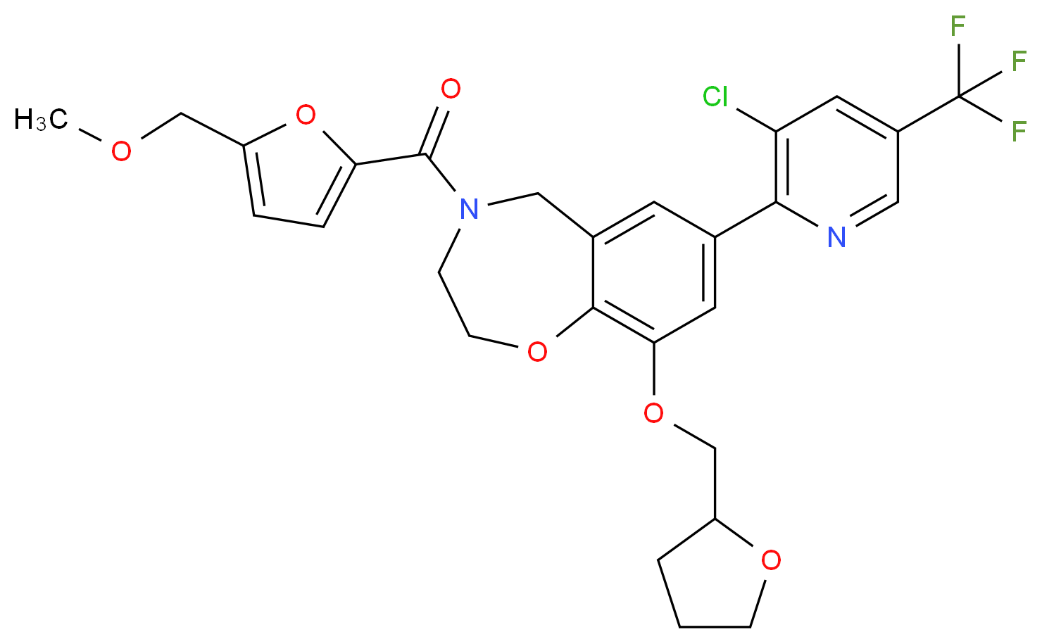 7-[3-chloro-5-(trifluoromethyl)-2-pyridinyl]-4-[5-(methoxymethyl)-2-furoyl]-9-(tetrahydro-2-furanylmethoxy)-2,3,4,5-tetrahydro-1,4-benzoxazepine_分子结构_CAS_)