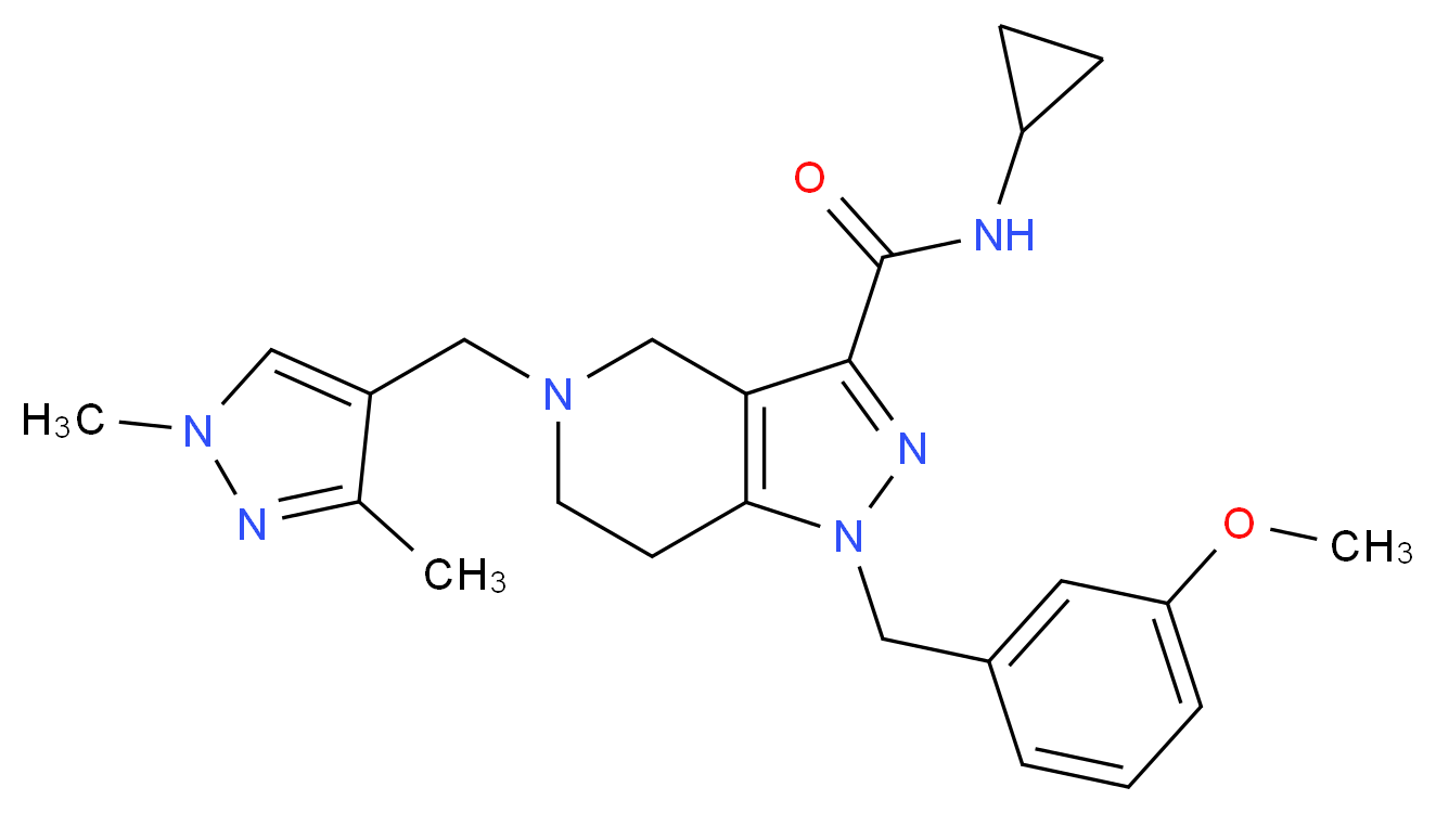 N-cyclopropyl-5-[(1,3-dimethyl-1H-pyrazol-4-yl)methyl]-1-(3-methoxybenzyl)-4,5,6,7-tetrahydro-1H-pyrazolo[4,3-c]pyridine-3-carboxamide_分子结构_CAS_)