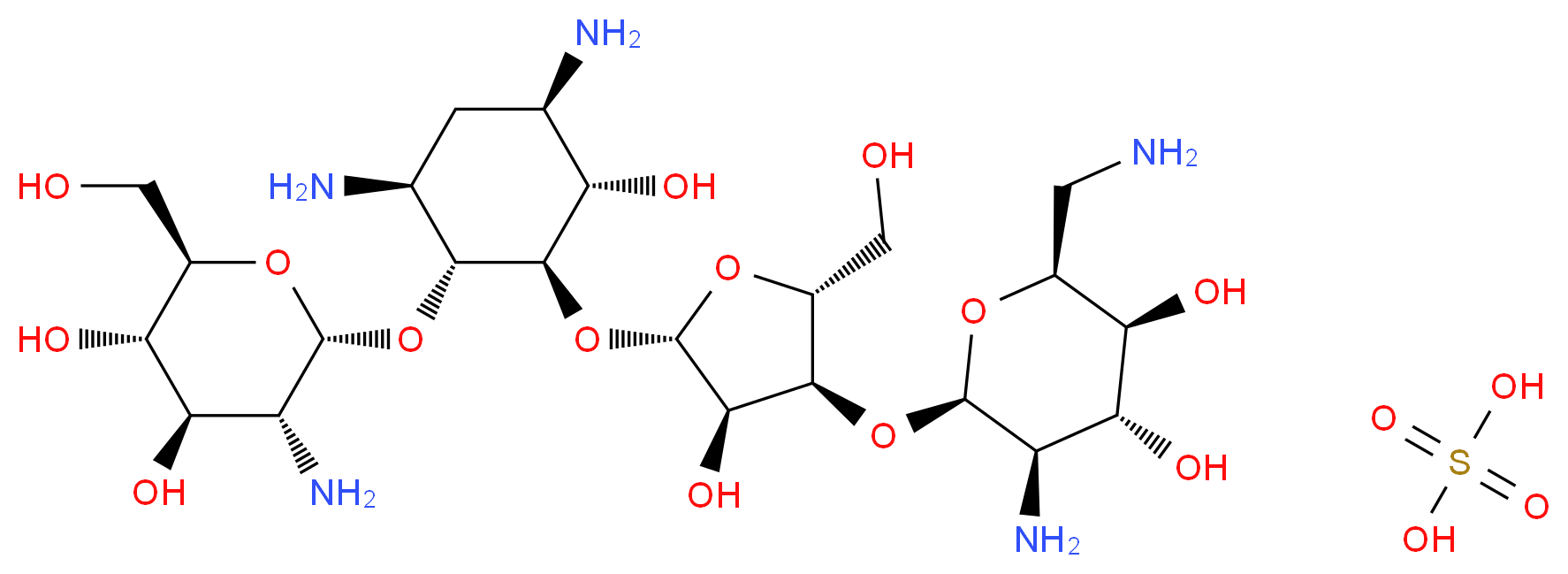 (2R,3S,4R,5R,6S)-5-amino-6-{[(1R,2R,3S,4R,6S)-4,6-diamino-2-{[(2S,3R,4S,5R)-4-{[(2R,3R,4R,5S,6S)-3-amino-6-(aminomethyl)-4,5-dihydroxyoxan-2-yl]oxy}-3-hydroxy-5-(hydroxymethyl)oxolan-2-yl]oxy}-3-hydroxycyclohexyl]oxy}-2-(hydroxymethyl)oxane-3,4-diol; sulfuric acid_分子结构_CAS_1263-89-4