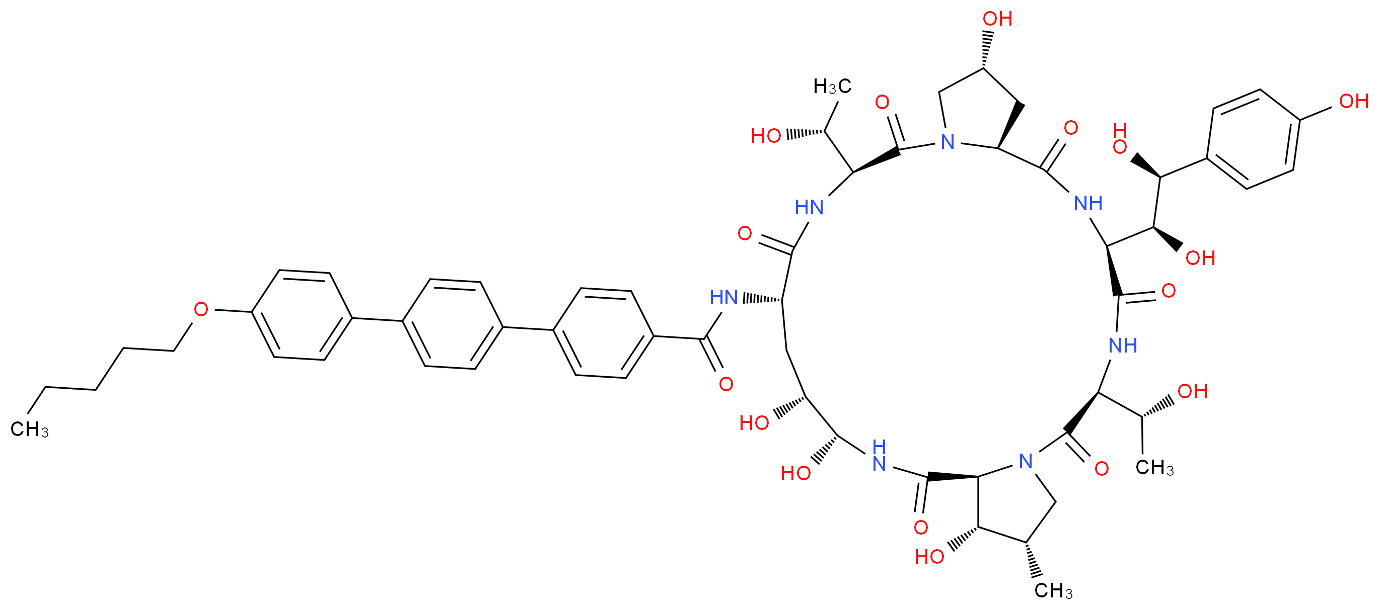 N-[(3S,6S,9S,11R,15S,18S,20R,21R,24S,25S,26S)-6-[(1S,2S)-1,2-dihydroxy-2-(4-hydroxyphenyl)ethyl]-11,20,21,25-tetrahydroxy-3,15-bis[(1R)-1-hydroxyethyl]-26-methyl-2,5,8,14,17,23-hexaoxo-1,4,7,13,16,22-hexaazatricyclo[22.3.0.0<sup>9</sup>,<sup>1</sup><sup>3</sup>]heptacosan-18-yl]-4-{4-[4-(pentyloxy)phenyl]phenyl}benzamide_分子结构_CAS_166663-25-8