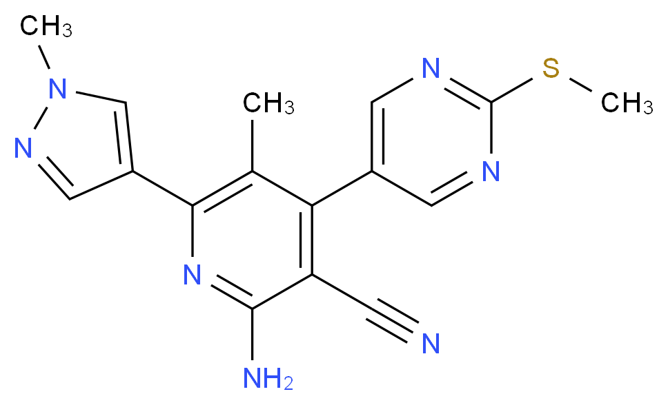 2-amino-5-methyl-6-(1-methyl-1H-pyrazol-4-yl)-4-[2-(methylthio)pyrimidin-5-yl]nicotinonitrile_分子结构_CAS_)