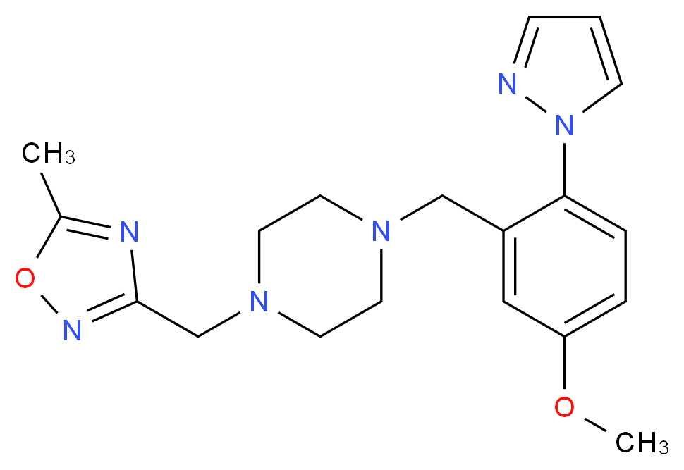 1-[5-methoxy-2-(1H-pyrazol-1-yl)benzyl]-4-[(5-methyl-1,2,4-oxadiazol-3-yl)methyl]piperazine_分子结构_CAS_)