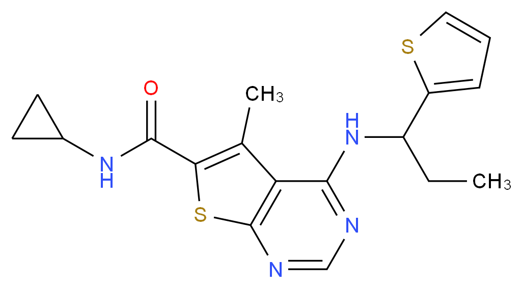 N-cyclopropyl-5-methyl-4-{[1-(2-thienyl)propyl]amino}thieno[2,3-d]pyrimidine-6-carboxamide_分子结构_CAS_)