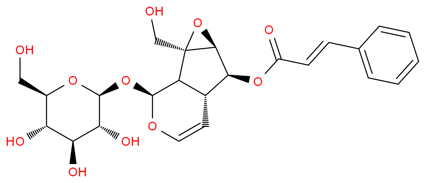 (1S,2S,4S,5S,6R,10S)-2-(hydroxymethyl)-10-{[(2S,3R,4S,5S,6R)-3,4,5-trihydroxy-6-(hydroxymethyl)oxan-2-yl]oxy}-3,9-dioxatricyclo[4.4.0.0<sup>2</sup>,<sup>4</sup>]dec-7-en-5-yl (2E)-3-phenylprop-2-enoate_分子结构_CAS_136807-41-5