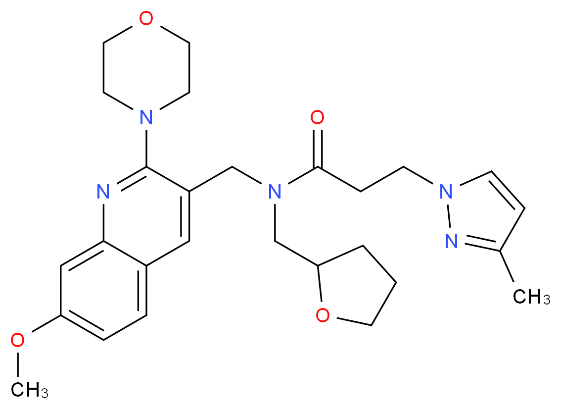 N-{[7-methoxy-2-(4-morpholinyl)-3-quinolinyl]methyl}-3-(3-methyl-1H-pyrazol-1-yl)-N-(tetrahydro-2-furanylmethyl)propanamide_分子结构_CAS_)