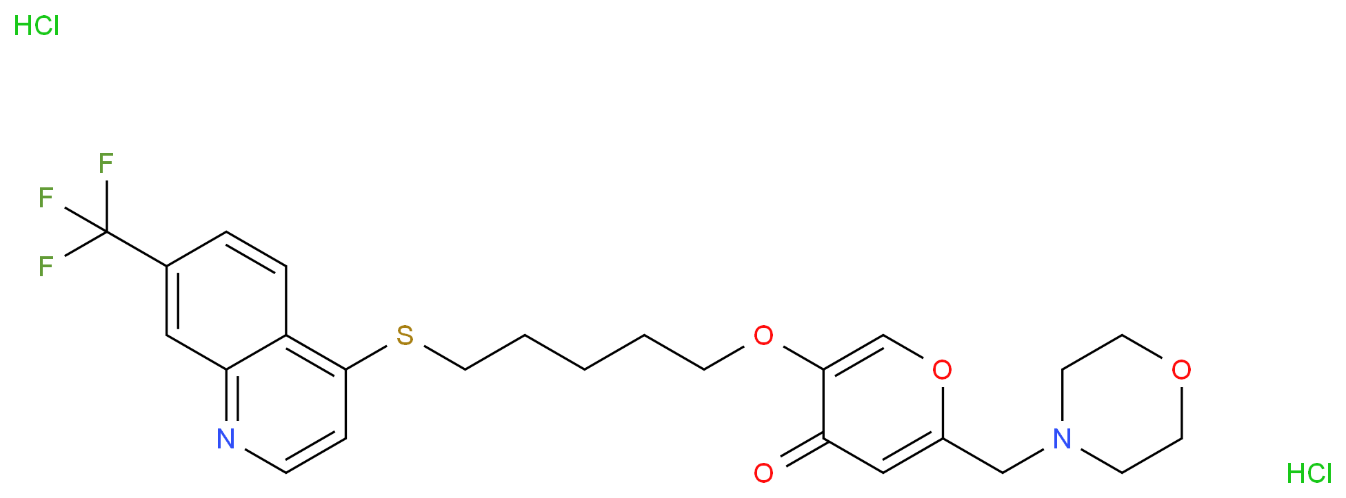 2-(morpholin-4-ylmethyl)-5-[(5-{[7-(trifluoromethyl)quinolin-4-yl]sulfanyl}pentyl)oxy]-4H-pyran-4-one dihydrochloride_分子结构_CAS_754240-09-0