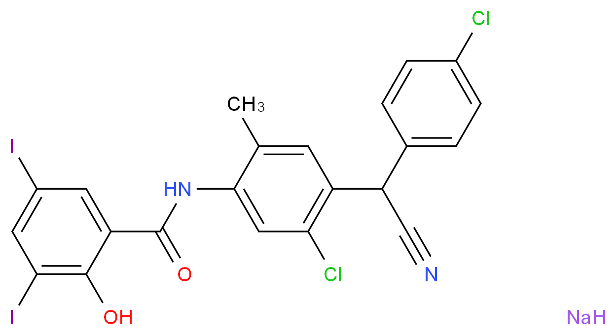 N-{5-chloro-4-[(4-chlorophenyl)(cyano)methyl]-2-methylphenyl}-2-hydroxy-3,5-diiodobenzamide sodium_分子结构_CAS_61438-64-0