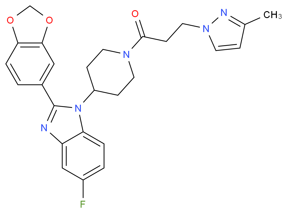 2-(1,3-benzodioxol-5-yl)-5-fluoro-1-{1-[3-(3-methyl-1H-pyrazol-1-yl)propanoyl]-4-piperidinyl}-1H-benzimidazole_分子结构_CAS_)
