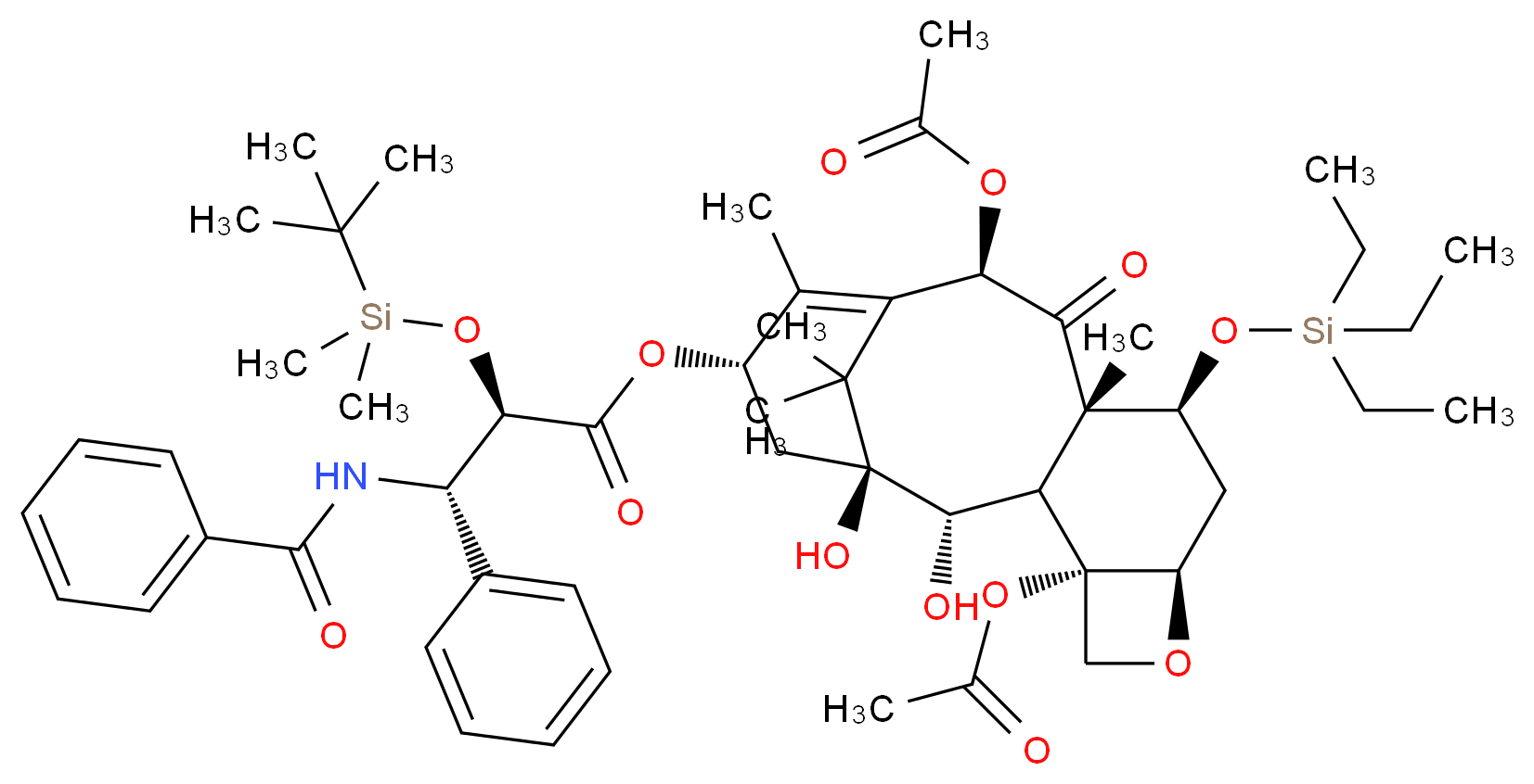 (1S,2S,3R,4S,7R,9S,10S,12R,15S)-4,12-bis(acetyloxy)-1,2-dihydroxy-10,14,17,17-tetramethyl-11-oxo-9-[(triethylsilyl)oxy]-6-oxatetracyclo[11.3.1.0<sup>3</sup>,<sup>1</sup><sup>0</sup>.0<sup>4</sup>,<sup>7</sup>]heptadec-13-en-15-yl (2R,3S)-2-[(tert-butyldimethylsilyl)oxy]-3-phenyl-3-(phenylformamido)propanoate_分子结构_CAS_162459-94-1