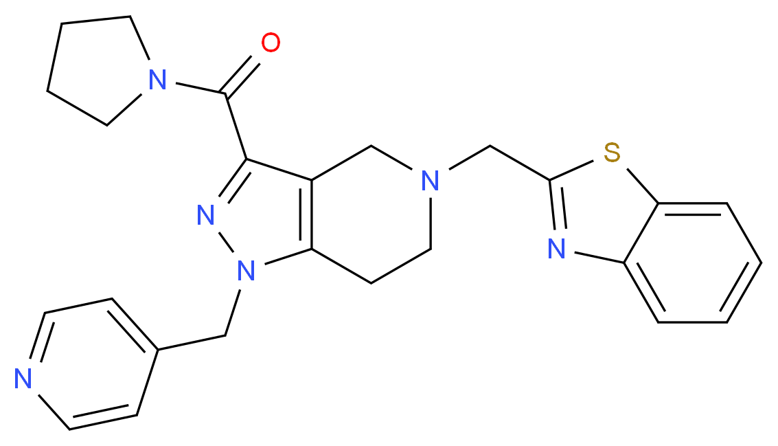 5-(1,3-benzothiazol-2-ylmethyl)-1-(4-pyridinylmethyl)-3-(1-pyrrolidinylcarbonyl)-4,5,6,7-tetrahydro-1H-pyrazolo[4,3-c]pyridine_分子结构_CAS_)