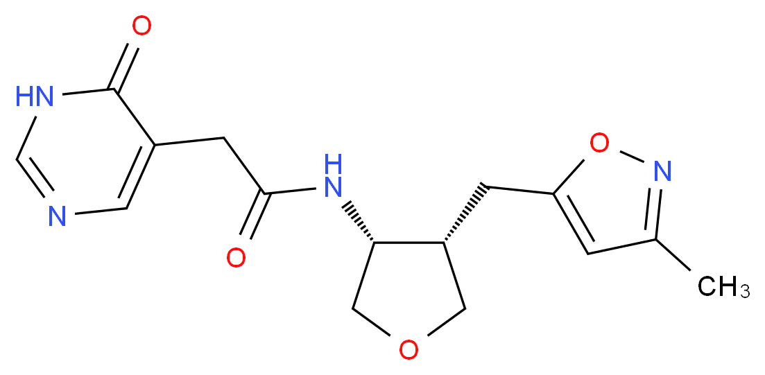 N-{(3R*,4S*)-4-[(3-methylisoxazol-5-yl)methyl]tetrahydrofuran-3-yl}-2-(6-oxo-1,6-dihydropyrimidin-5-yl)acetamide_分子结构_CAS_)