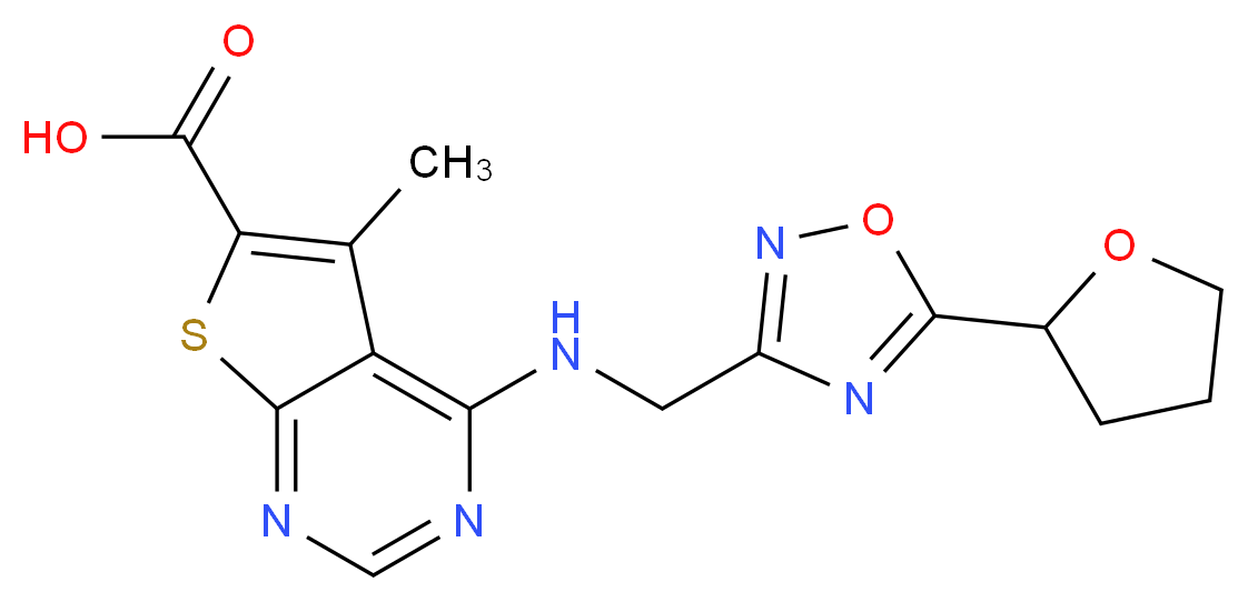 5-methyl-4-({[5-(tetrahydrofuran-2-yl)-1,2,4-oxadiazol-3-yl]methyl}amino)thieno[2,3-d]pyrimidine-6-carboxylic acid_分子结构_CAS_)