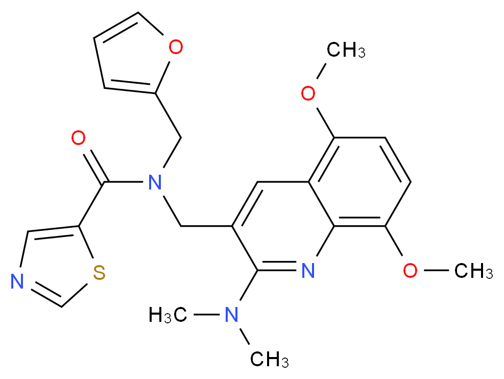 N-{[2-(dimethylamino)-5,8-dimethoxy-3-quinolinyl]methyl}-N-(2-furylmethyl)-1,3-thiazole-5-carboxamide_分子结构_CAS_)