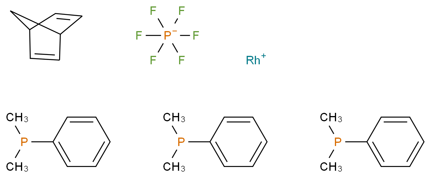 λ<sup>1</sup>-rhodium(1+) ion bicyclo[2.2.1]hepta-2,5-diene tris(dimethyl(phenyl)phosphane) hexafluoro-λ<sup>5</sup>-phosphanuide_分子结构_CAS_32761-50-5