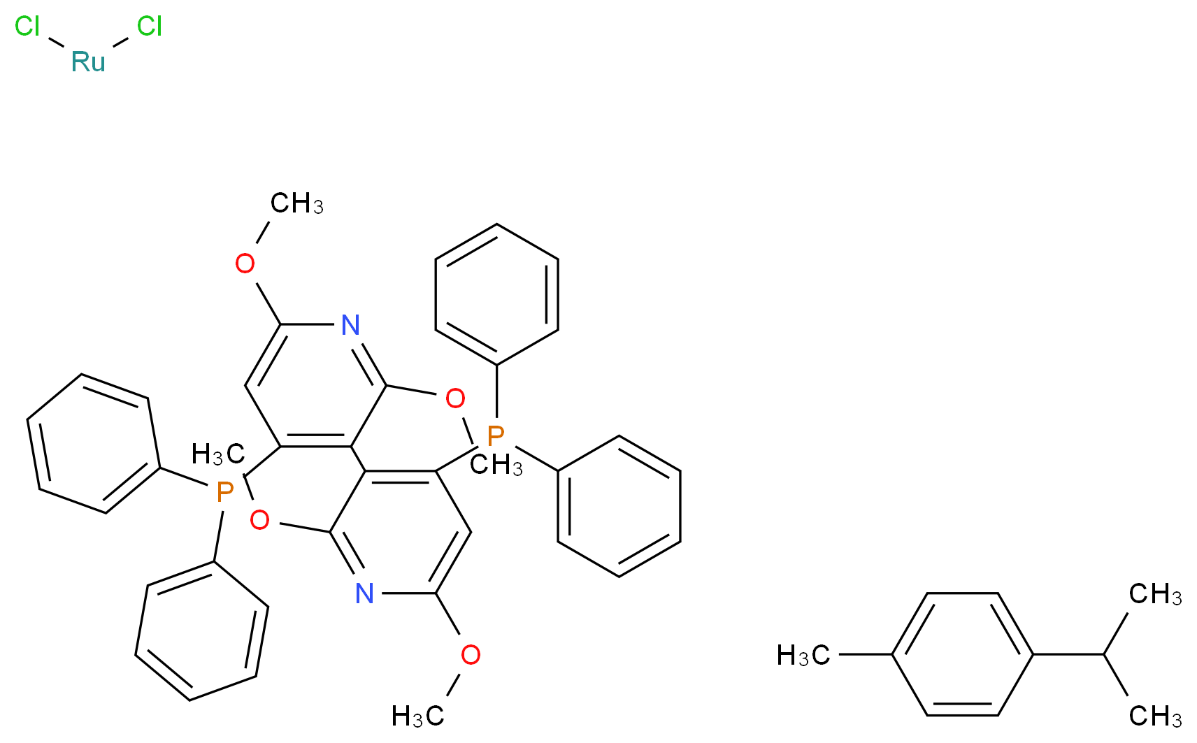 1-methyl-4-(propan-2-yl)benzene; 4-(diphenylphosphanyl)-3-[4-(diphenylphosphanyl)-2,6-dimethoxypyridin-3-yl]-2,6-dimethoxypyridine; dichlororuthenium_分子结构_CAS_1034001-47-2