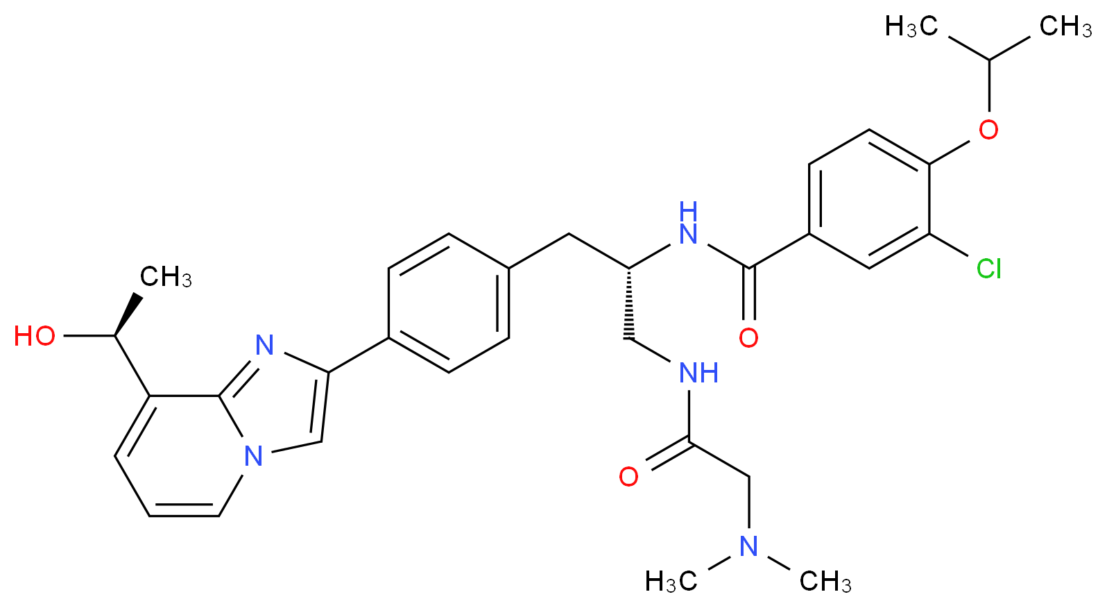 N-[(2S)-2-{[3-chloro-4-(propan-2-yloxy)phenyl]formamido}-3-(4-{8-[(1S)-1-hydroxyethyl]imidazo[1,2-a]pyridin-2-yl}phenyl)propyl]-2-(dimethylamino)acetamide_分子结构_CAS_1088965-37-0