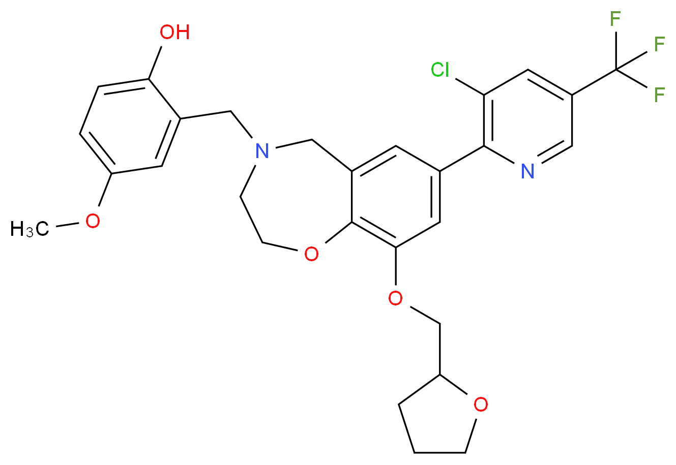 2-{[7-[3-chloro-5-(trifluoromethyl)-2-pyridinyl]-9-(tetrahydro-2-furanylmethoxy)-2,3-dihydro-1,4-benzoxazepin-4(5H)-yl]methyl}-4-methoxyphenol_分子结构_CAS_)