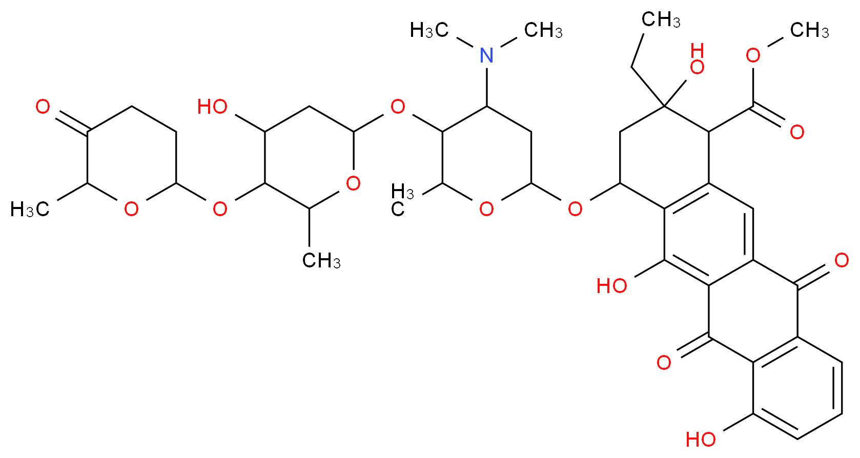 methyl 4-{[4-(dimethylamino)-5-({4-hydroxy-6-methyl-5-[(6-methyl-5-oxooxan-2-yl)oxy]oxan-2-yl}oxy)-6-methyloxan-2-yl]oxy}-2-ethyl-2,5,7-trihydroxy-6,11-dioxo-1,2,3,4,6,11-hexahydrotetracene-1-carboxylate_分子结构_CAS_57576-44-0