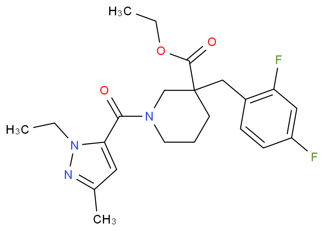 ethyl 3-(2,4-difluorobenzyl)-1-[(1-ethyl-3-methyl-1H-pyrazol-5-yl)carbonyl]-3-piperidinecarboxylate_分子结构_CAS_)