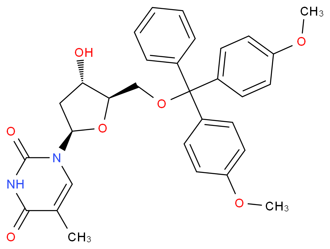 1-[(2R,4S,5R)-5-{[bis(4-methoxyphenyl)(phenyl)methoxy]methyl}-4-hydroxyoxolan-2-yl]-5-methyl-1,2,3,4-tetrahydropyrimidine-2,4-dione_分子结构_CAS_40615-39-2