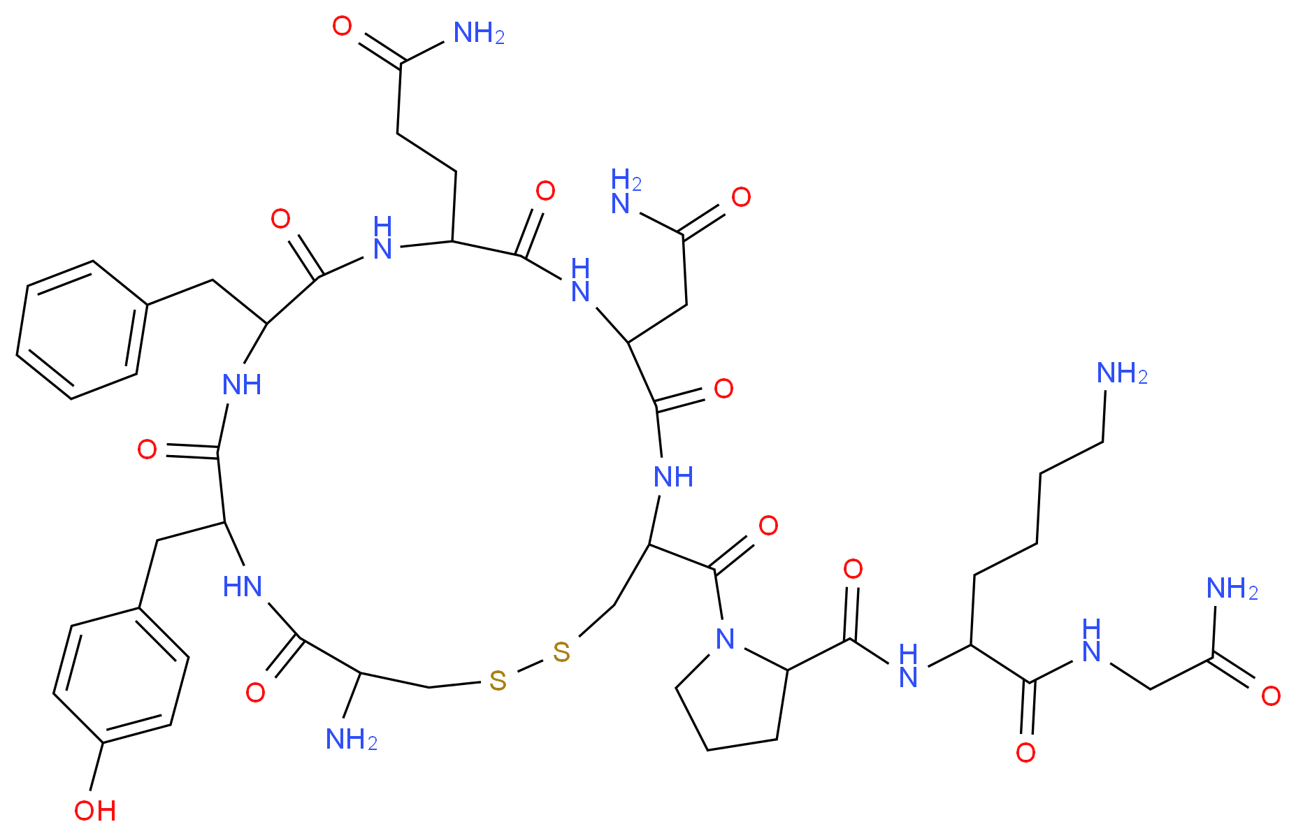 6-amino-2-({1-[19-amino-13-benzyl-10-(2-carbamoylethyl)-7-(carbamoylmethyl)-16-[(4-hydroxyphenyl)methyl]-6,9,12,15,18-pentaoxo-1,2-dithia-5,8,11,14,17-pentaazacycloicosane-4-carbonyl]pyrrolidin-2-yl}formamido)-N-(carbamoylmethyl)hexanamide_分子结构_CAS_50-57-7